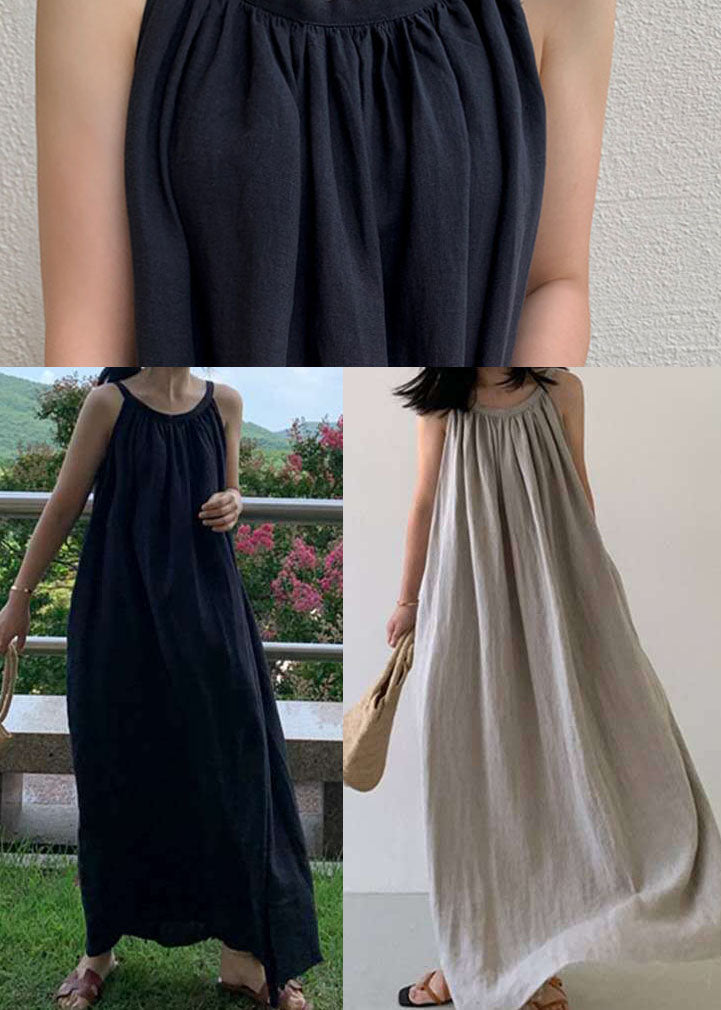 Stylish Black Wrinkled Linen Dress Sleeveless