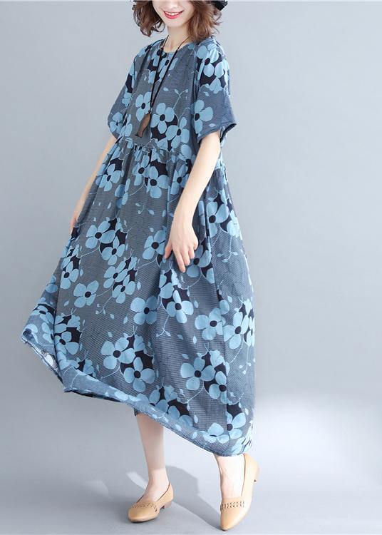 Stylish Blue Print Short Sleeve Summer Cotton Dress