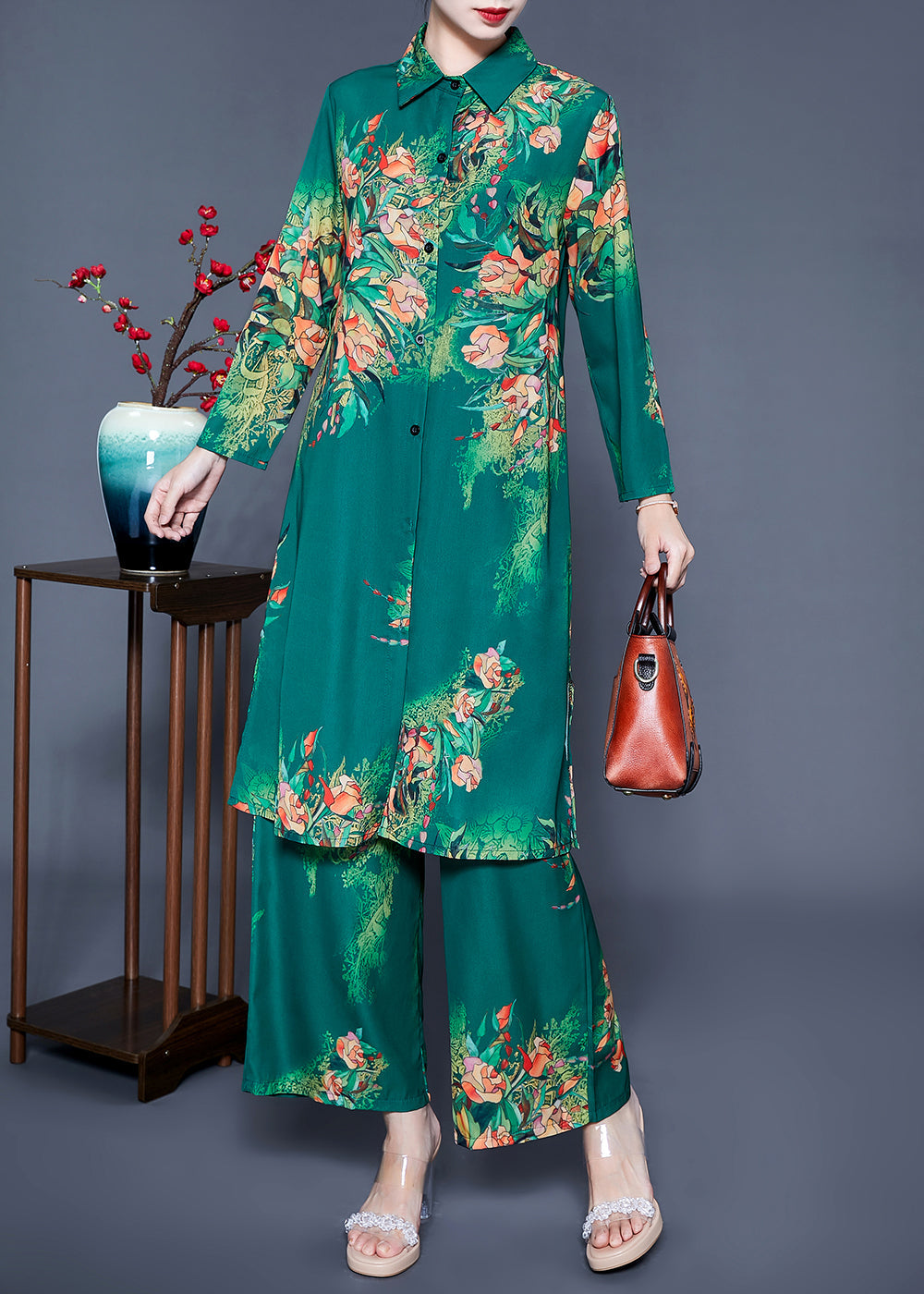 Stylish Green Peter Pan Collar Print Side Open Silk Two Piece Set Clothing Spring