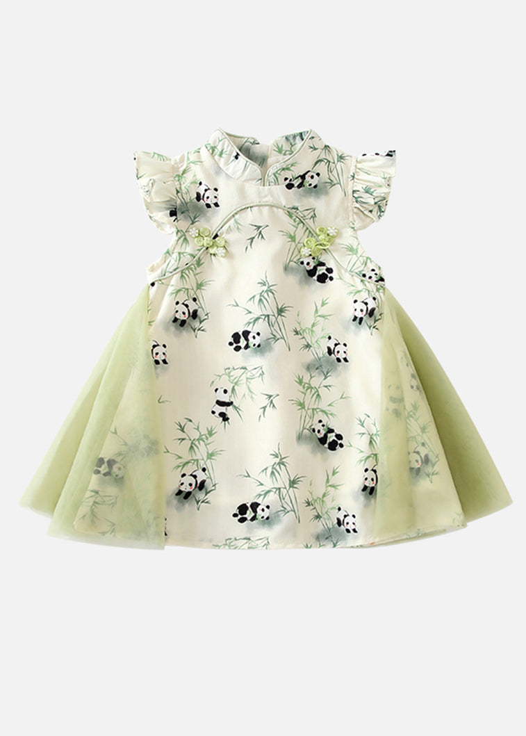 Stylish Green Print Tulle Patchwork Button Mid Dresses Summer