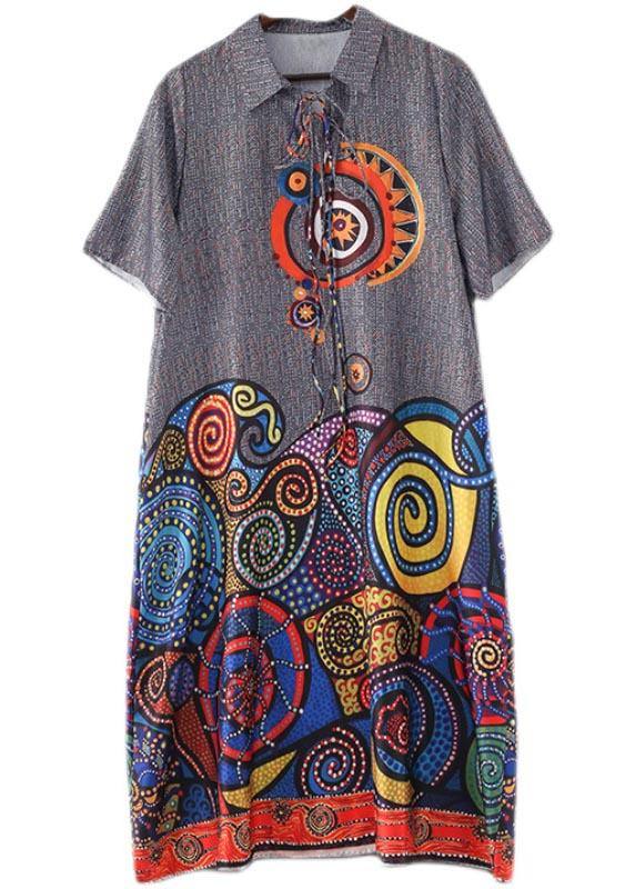 Stylish Grey Print Tie Loose Vacation Summer Chiffon Dress