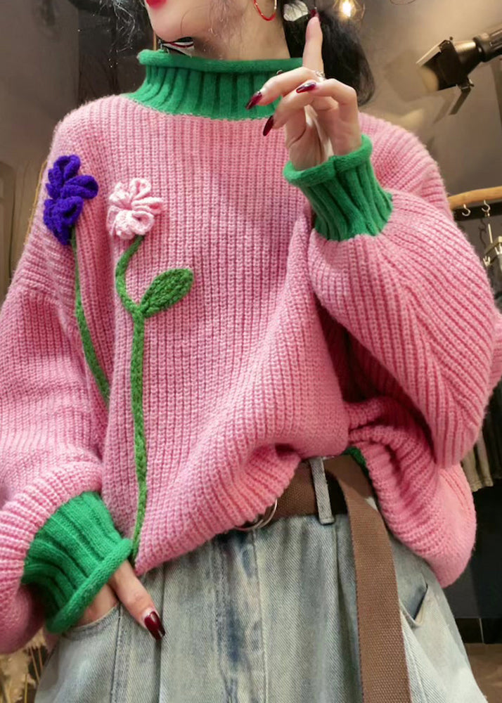 Stylish Pink Hign Neck Patchwork Knit Sweater Winter