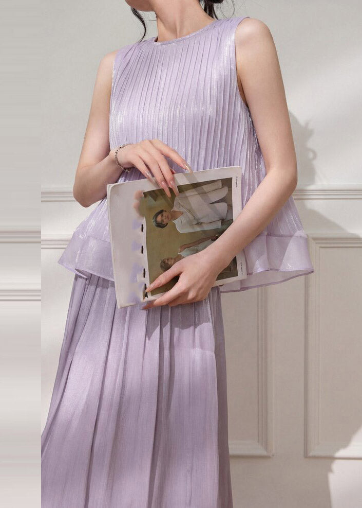 Stylish Purple Wrinkled Top and Maxi Skirts Two Pieces Set Summer