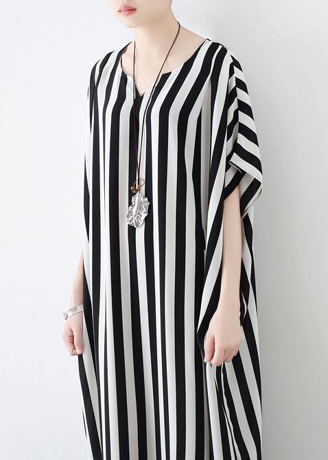 Summer Big Bat Sleeve Black and White Stripe Chiffon Dress