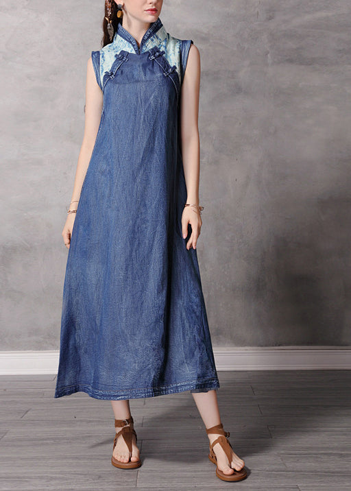 Blue Stand Collar Button Patchwork Long Denim Dress Sleeveless