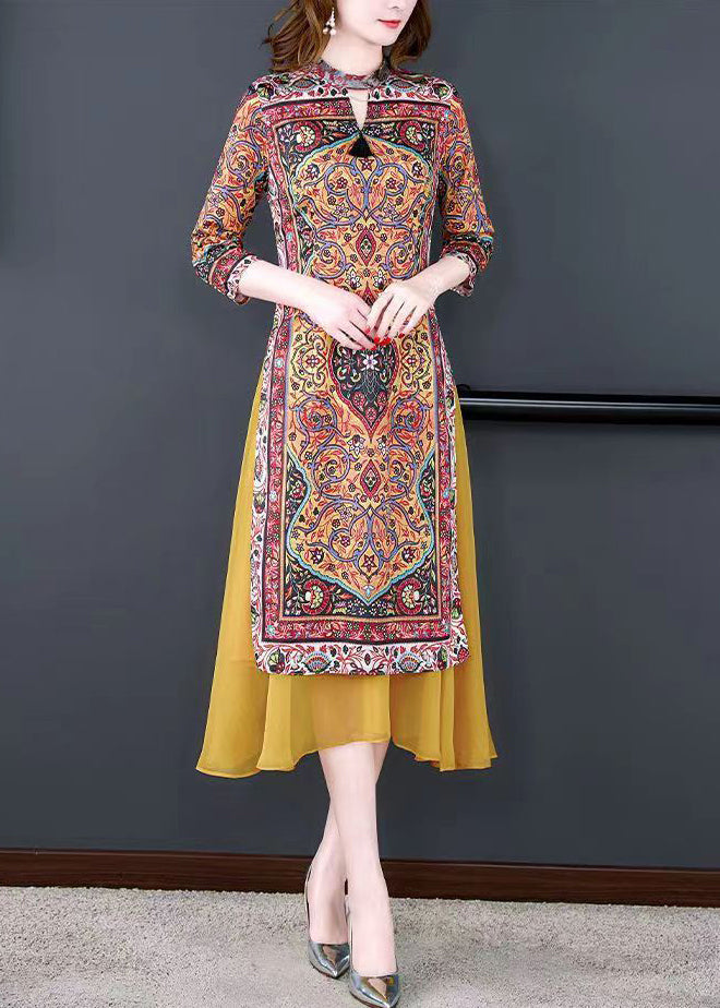 Fitted Yellow Stand Collar Patchwork Print Chiffon Fake Two Piece Dress Summer
