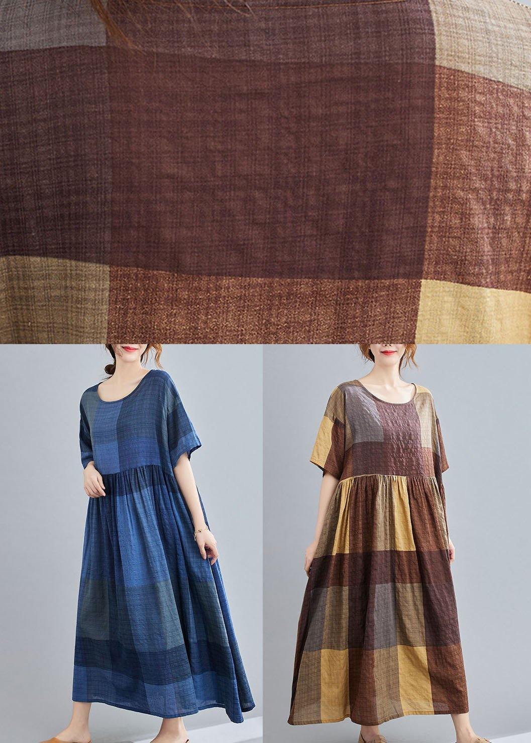 Unique Blue Plaid Pockets a Line Summer Maxi Dresses Half Sleeve