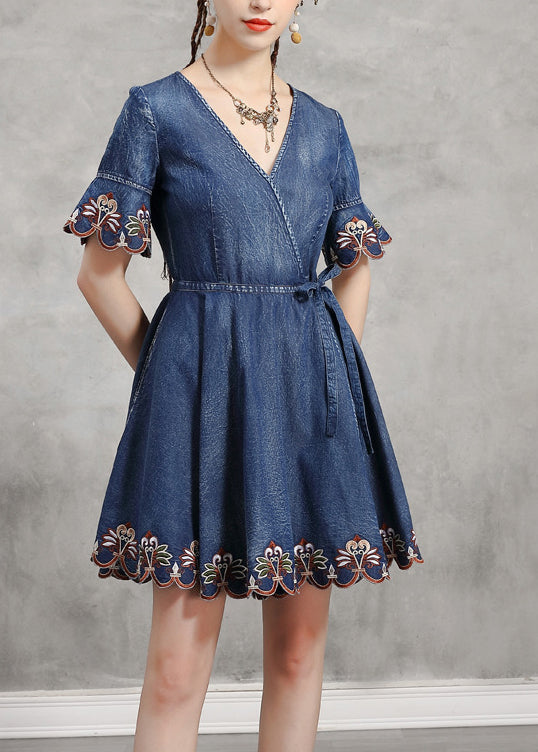 Unique Blue Tie Waist V Neck Embroideried Cotton Denim Dress Flare Sleeve