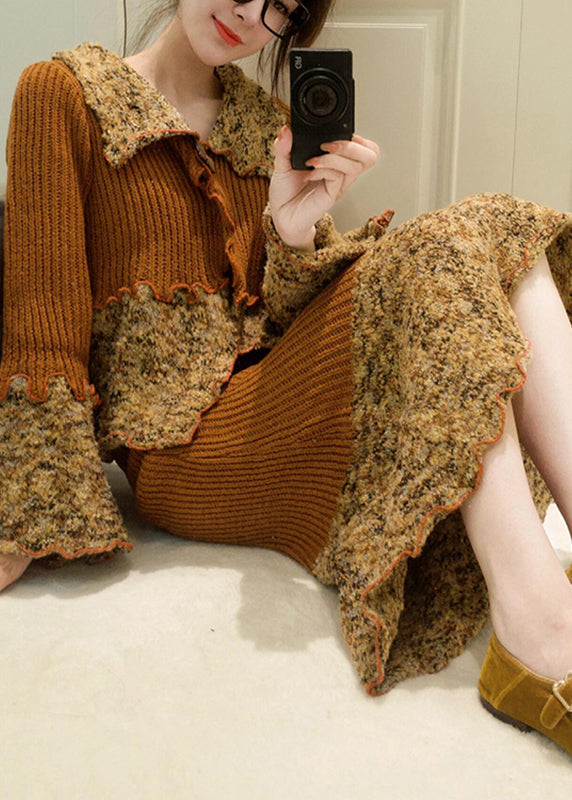 Unique Coffee Peter Pan Collar Ruffled Patchwork Cotton Knit Top and Maxi Skirts Two Pieces Set Flare Sleeve