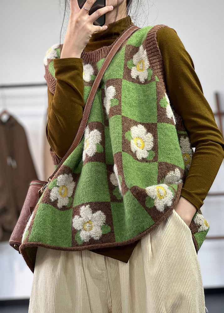 Unique Green Jacquard Thick Knit Vest Tops Spring