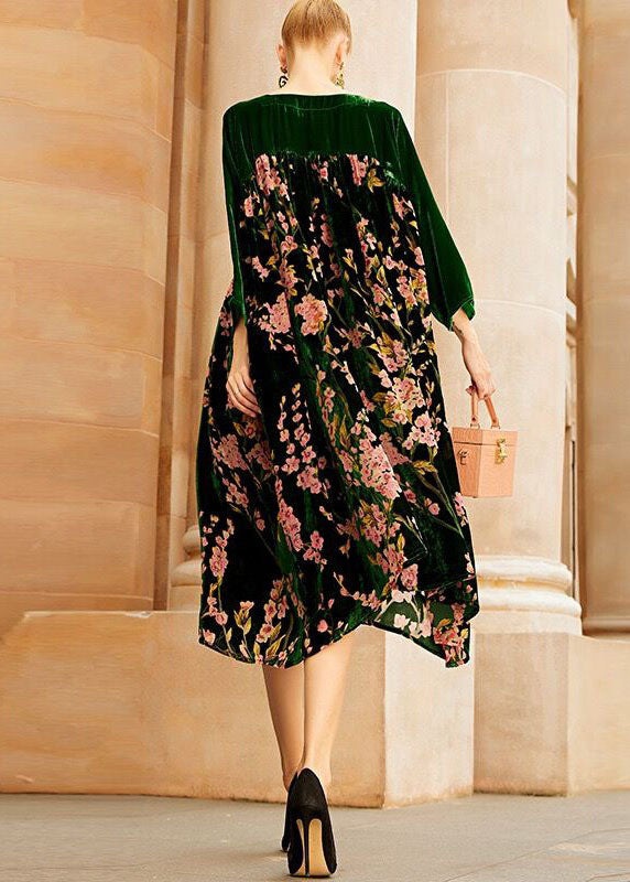 Unique Green O-neck Patchwork Print Silk Velour Long Dresses Bracelet Sleeve