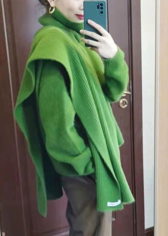 Unique Green Asymmetrical Design Turtle Neck Thick Knit Sweaters Long Sleeve
