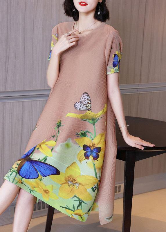 Unique Khaki Butterfly Print Knee Dress Summer Holiday Outfits