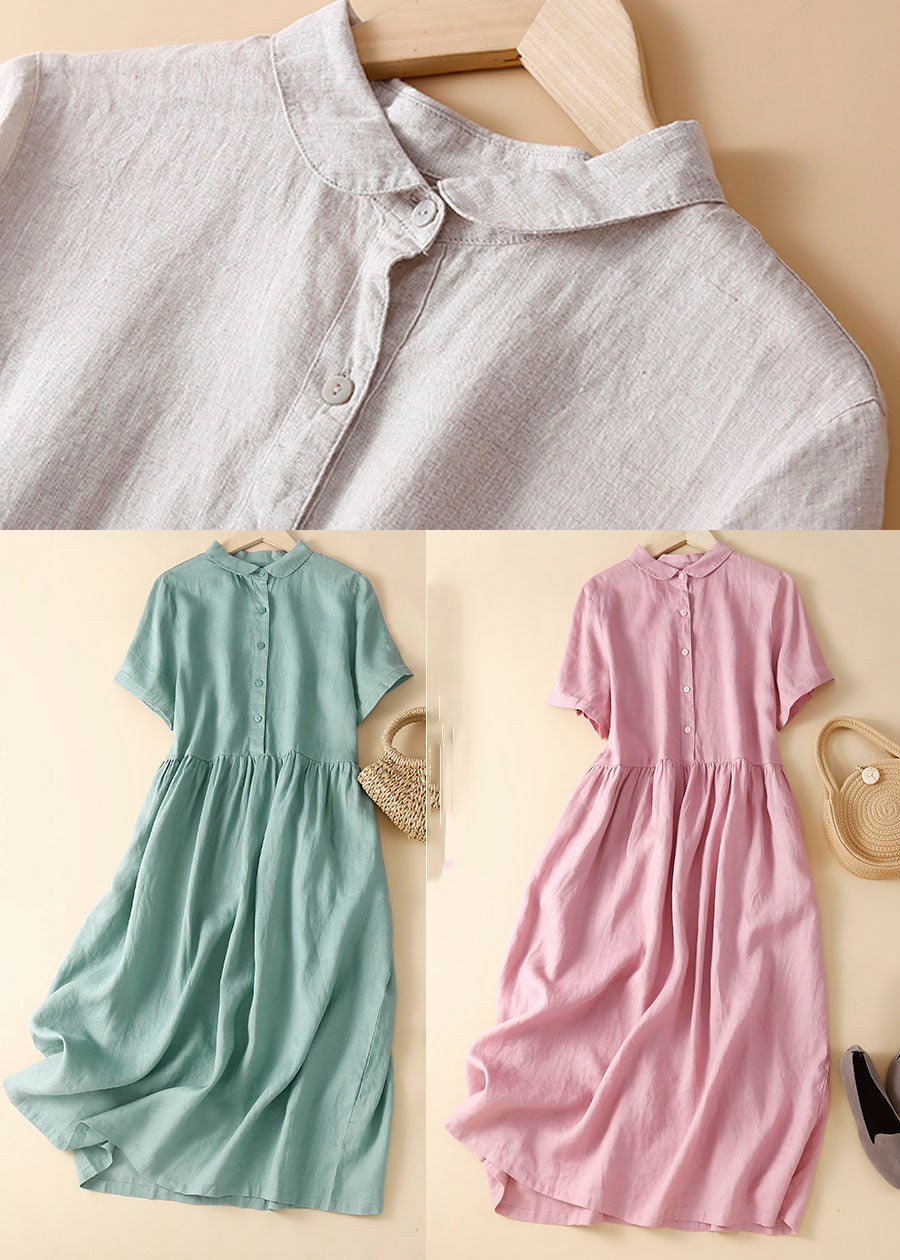 Unique Apricot Flowers Peter Pan Collar Wrinkled Linen Holiday Dress Short Sleeve
