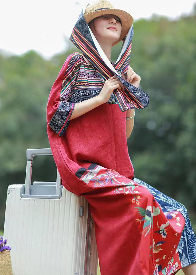 Unique Red Style Patchwork Print Cotton Long Dress Short Sleeve