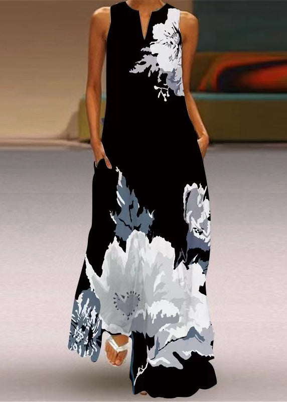 Unique White O-neck Print Maxi Dresses Sleeveless