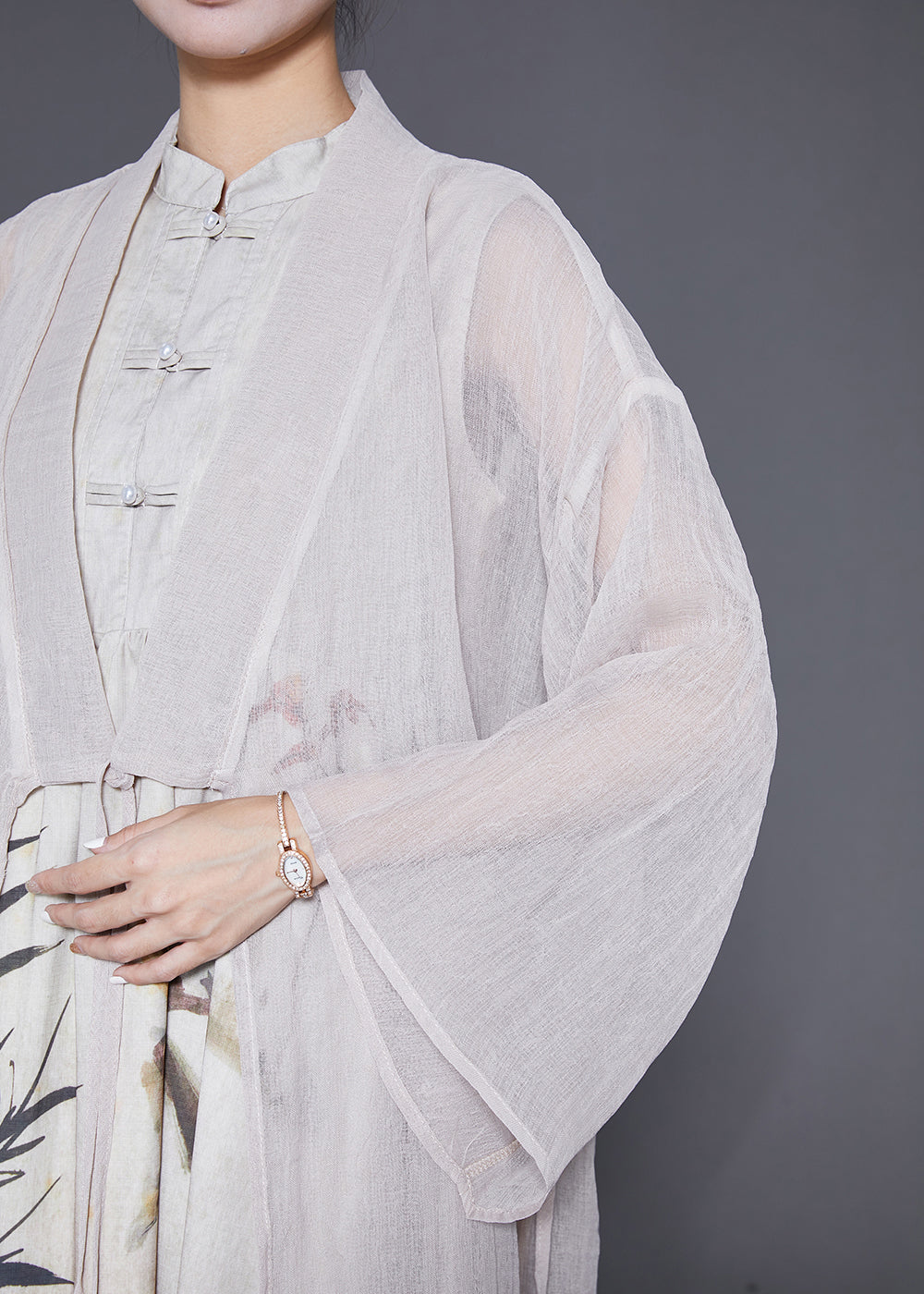 Beige Chinese Button Print Two Pieces Set Summer