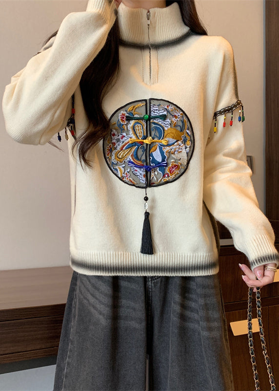 Beige Hign Neck Embroidered Knit Sweaters Spring