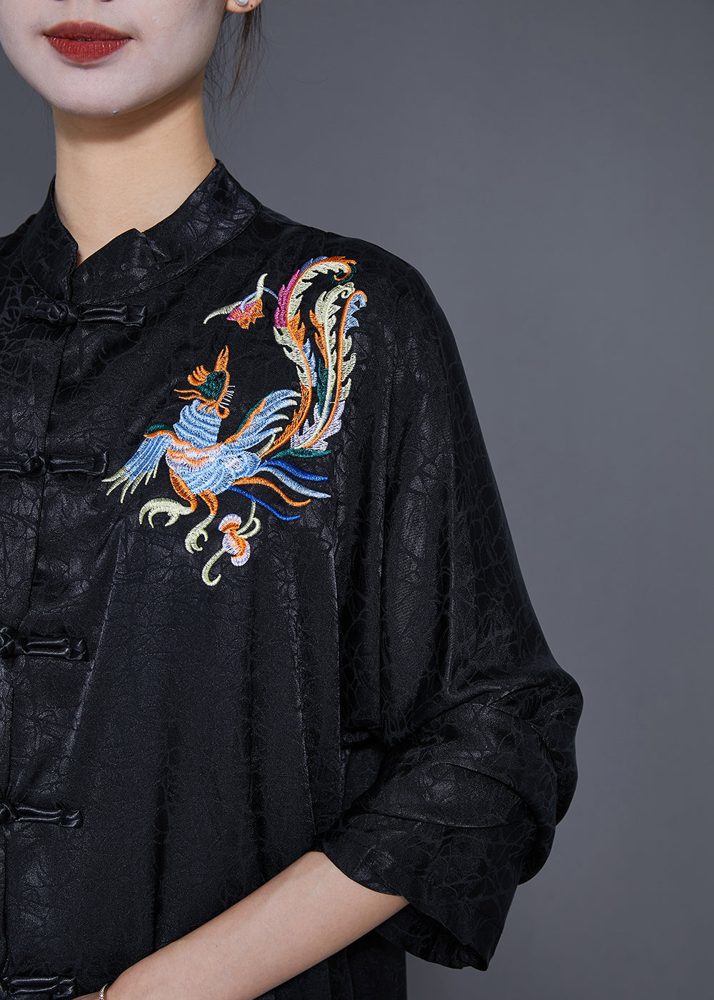 Black Embroidered Chinese Button Silk Blouses Fall