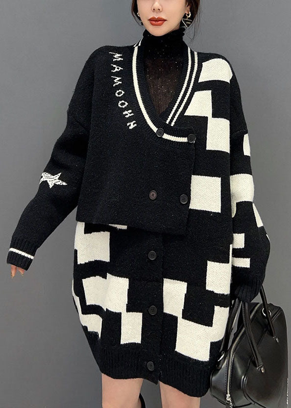 Black Turtle Neck Patchwork Plaid Knit Fake Two Piece Long Sweater Winter