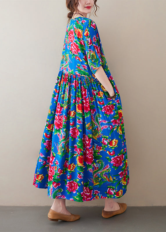 Blue O-neck Wrinkled Print Long Dress Short Sleeve