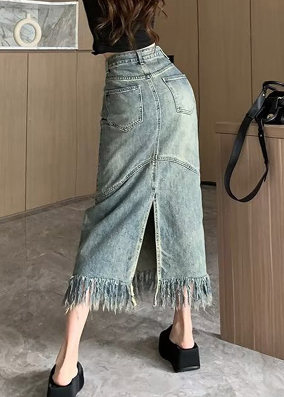 Blue Patchwork Tassel Denim Maxi Skirts Summer