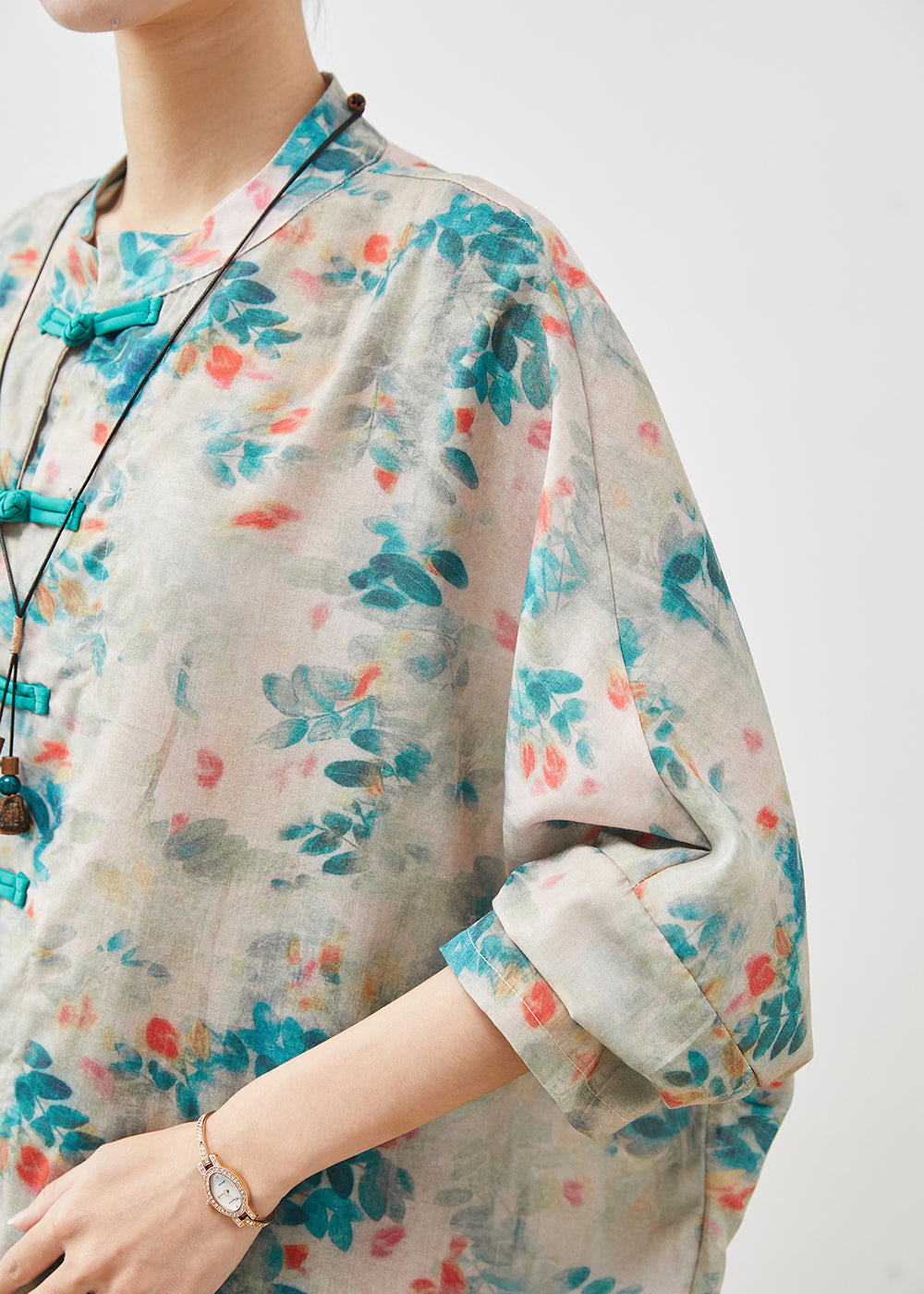 Blue Print Chinese Button Linen Shirt Top Summer