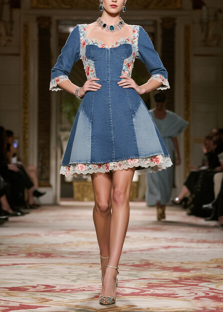 Blue Square Collar Lace Patchwork Denim Mini Dress Summer