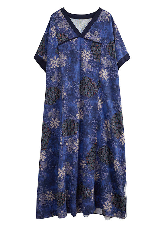 Blue V Neck Patchwork Long Dresses Summer