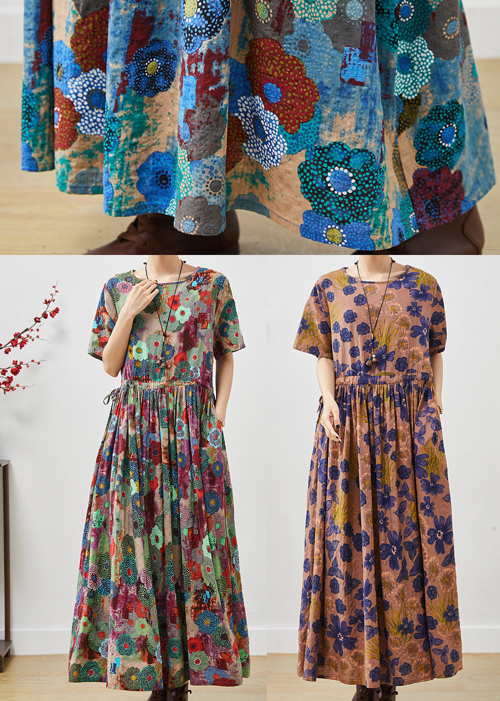 Brown Cinched Print Cotton Long Dresses Summer