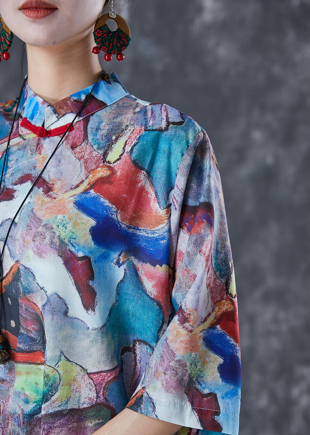 Character Print Chinese Button Linen Cheongsam Dresses Summer