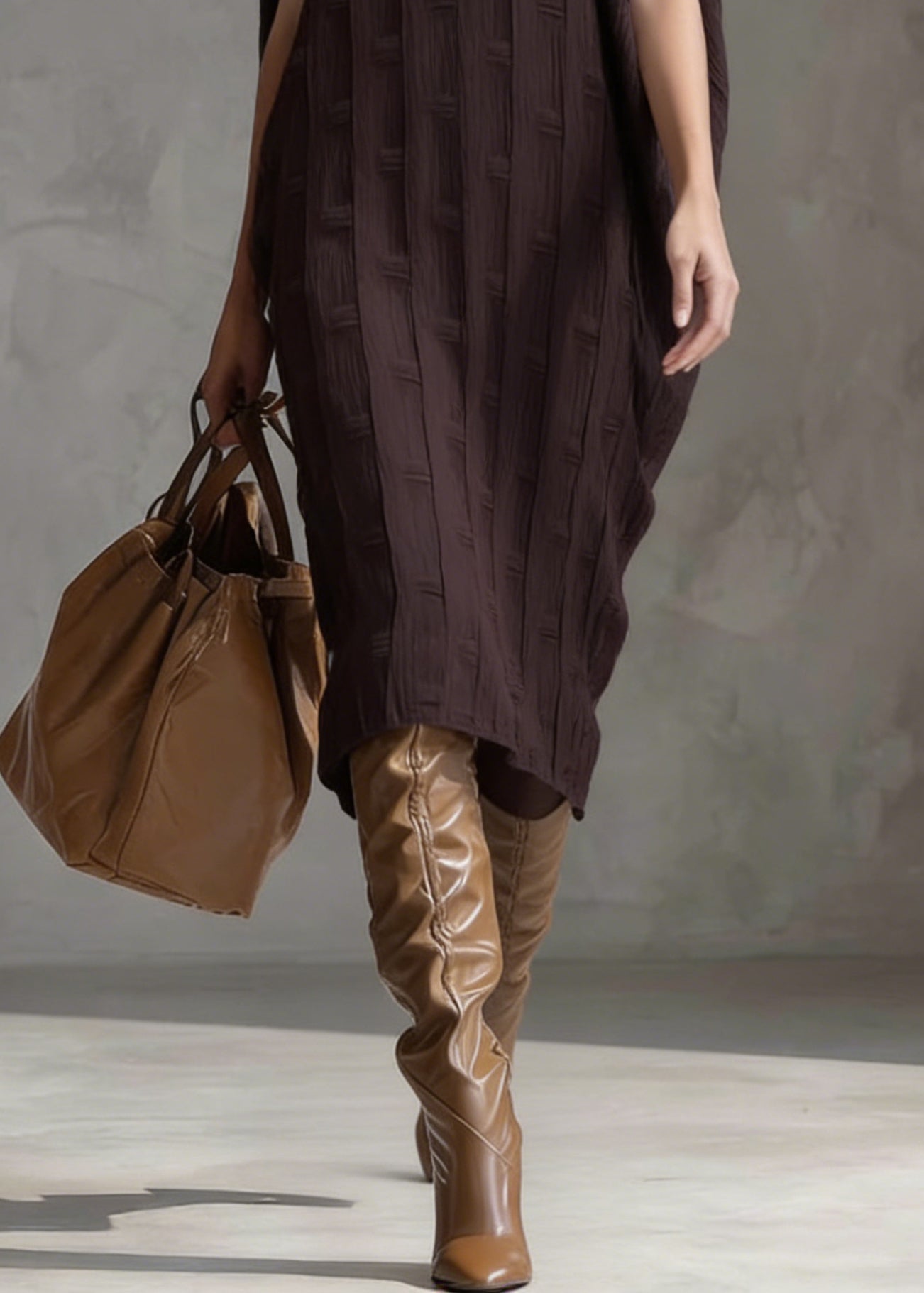 Coffee O Neck Oversized Silk Cotton Dress Batwing Sleeve