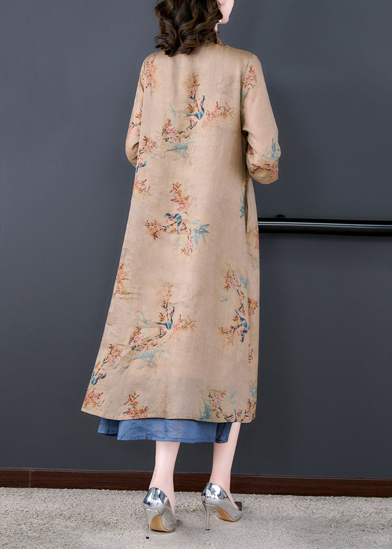 Coffee Stand Collar Embroideried Patchwork Linen Long Dresses Summer