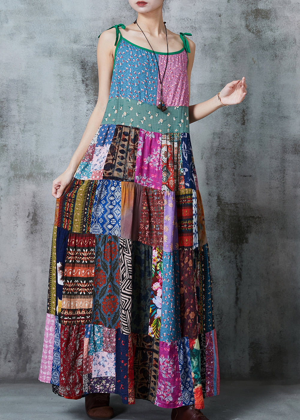Color Block Patchwork Exra Large Hem Cotton Spaghetti Strap Dress Summer