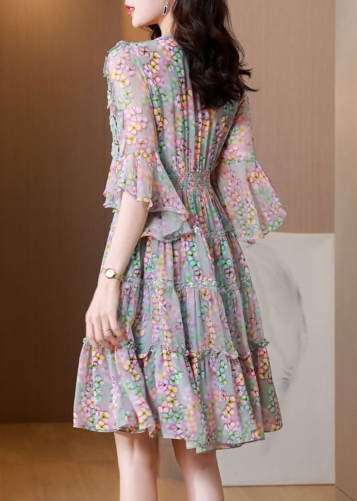 Colorblock V Neck Ruffled Patchwork Print Silk Dress Summer