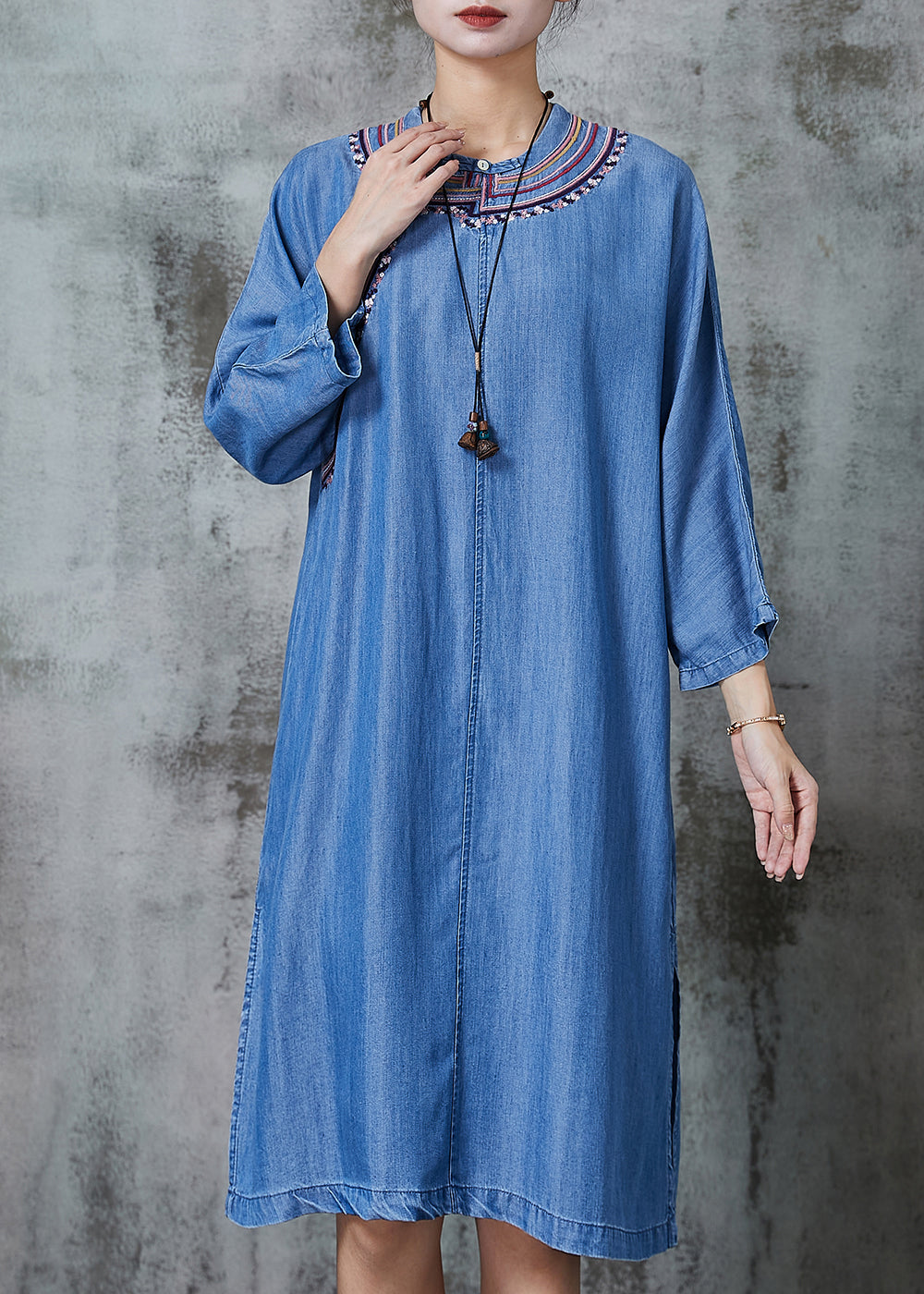 Denim Blue Embroidered Side Open Dresses Summer