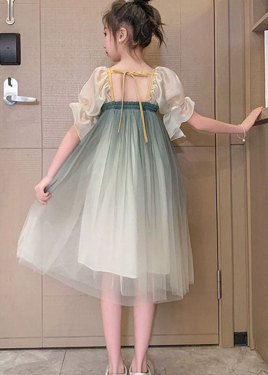 Green Gradient Embroideried Patchwork Tulle Baby Dresses Summer
