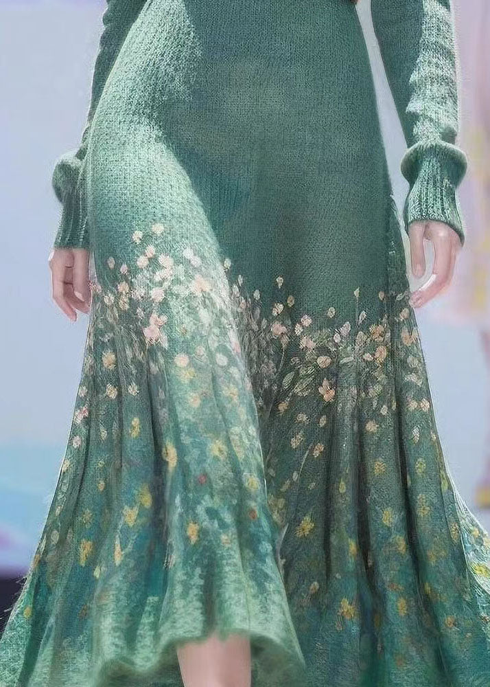 Green Print High Waist Cotton Knit Sweater Dress Winter