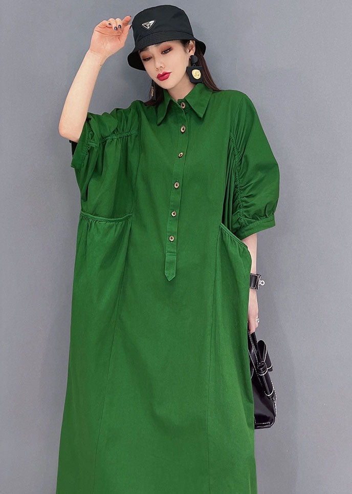 Green Peter Pan Collar Cinched Pockets Cotton Long Dresses Half Sleeve