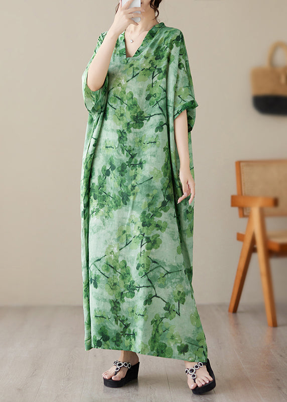 Green V Neck Print Maxi Beach Dress Short Sleeve