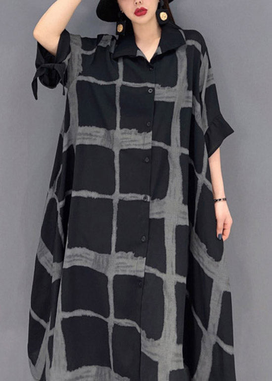 Grey Peter Pan Collar Asymmetrical Print Button Pockets Long Dress Half Sleeve