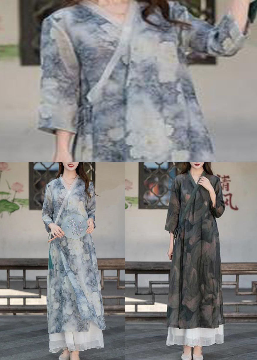 Light Blue V Neck Print Patchwork Linen Long Dresses Summer