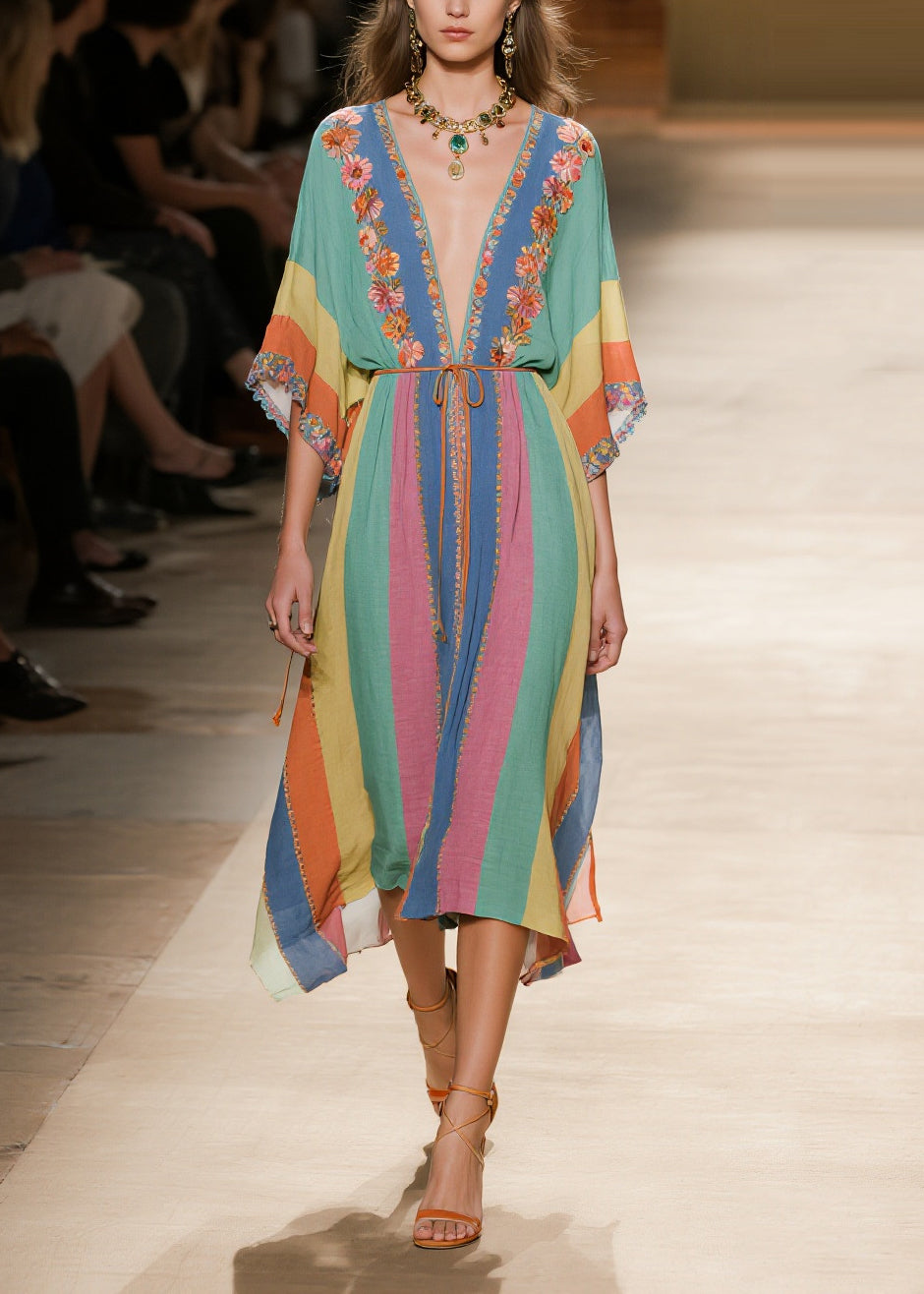 Multicolored Striped Tie Waist Cotton Robe Dresses Summer