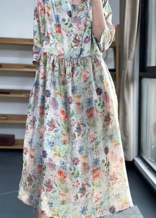 O Neck Print Patchwork Cotton Dress Bracelet Sleeve