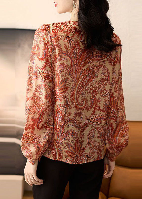 Orange O Neck Print Silk Tops Puff Sleeve