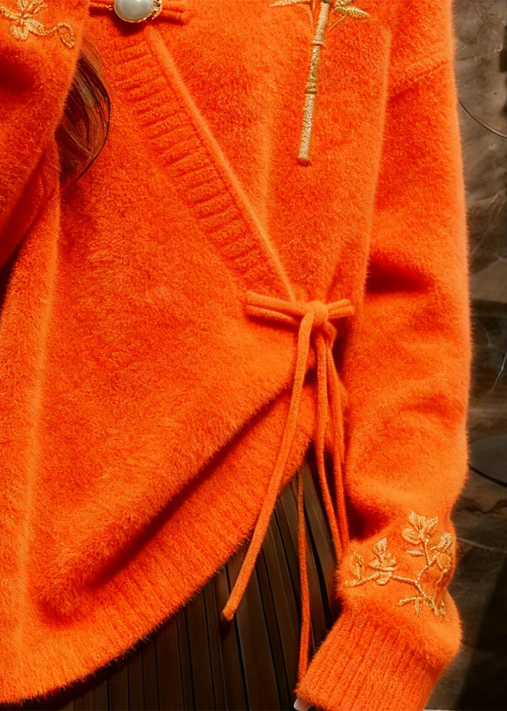 Orange V Neck Thick Cotton Knit Sweater Fall