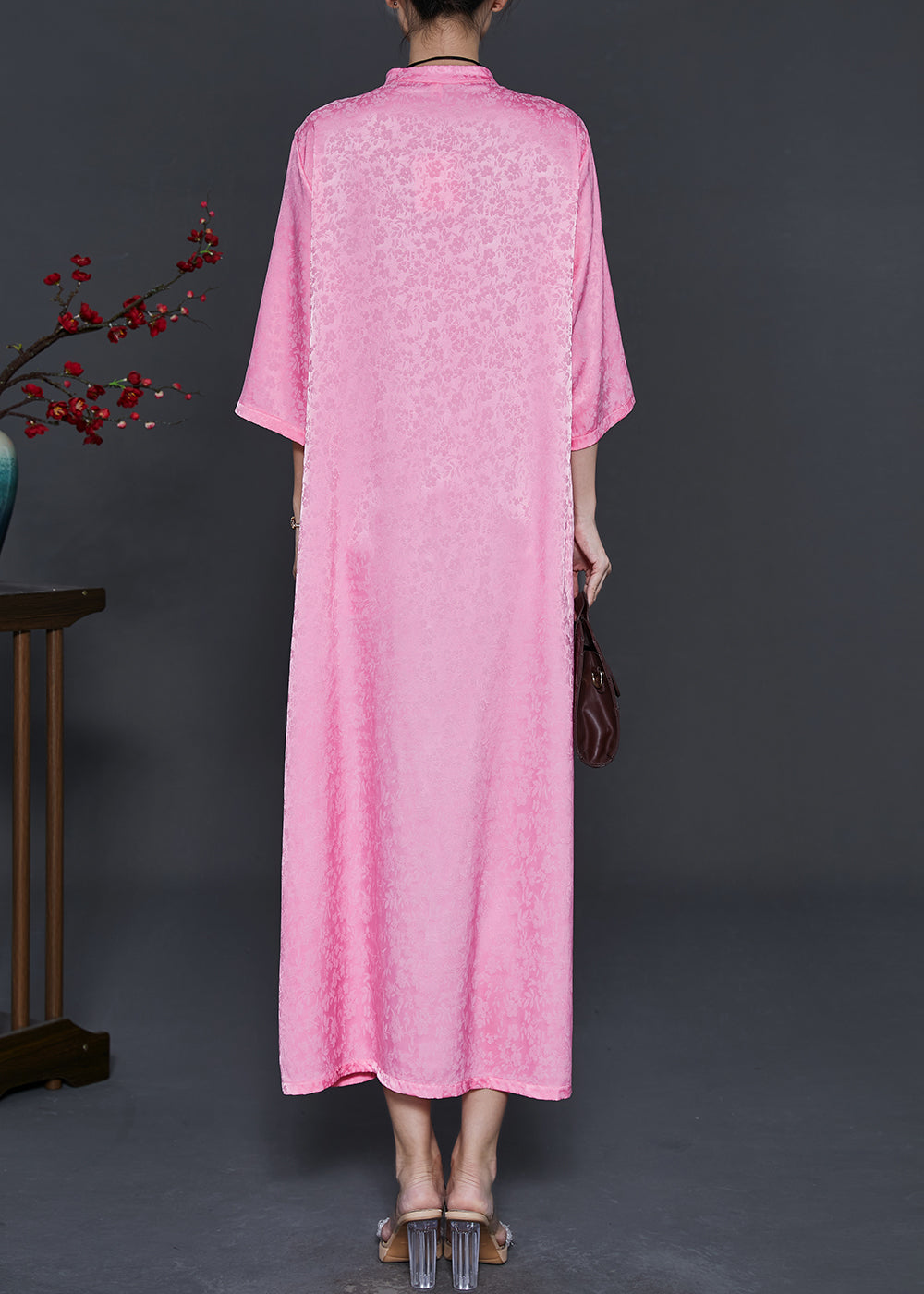 Pink Mandarin Collar Print Silk Robe Dresses Bracelet Sleeve