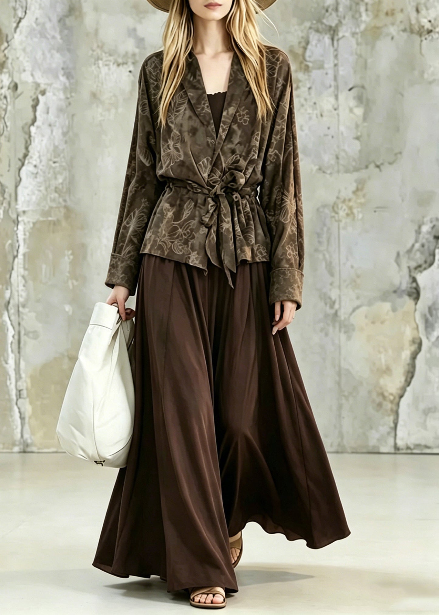 Print Tie Waist Shirt and Maxi Skirts Two Pieces Set Fall