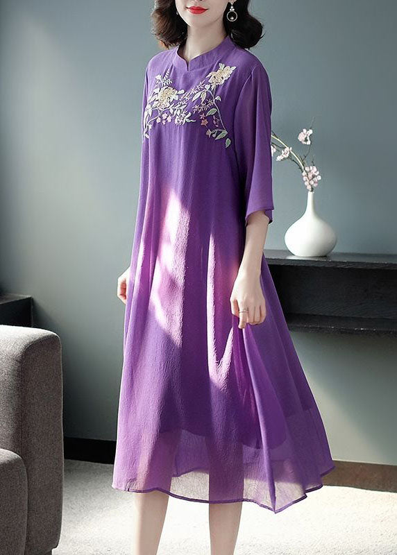 Purple Mandarin Collar Embroideried Silk Long Dress Summer