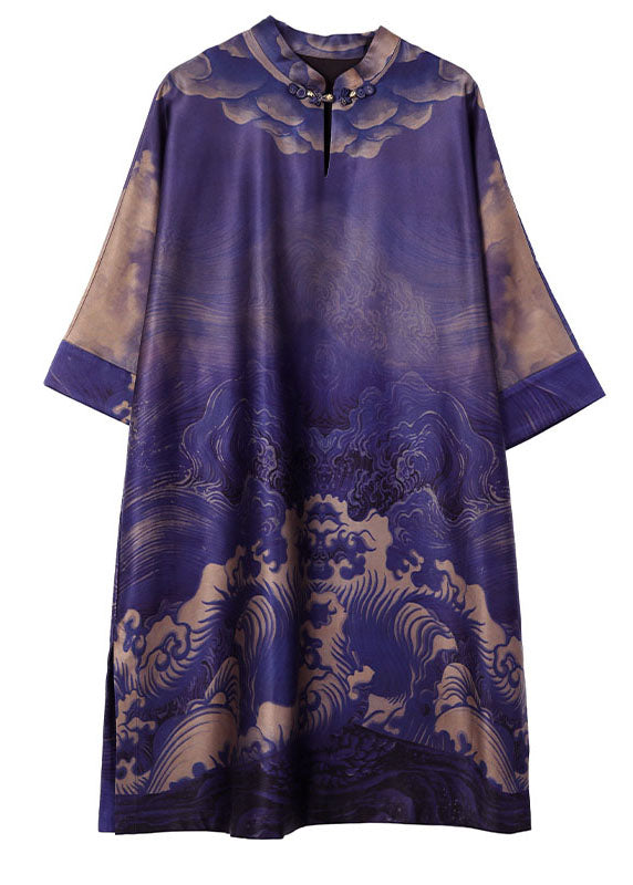 Purple Stand Collar Print Patchwork Silk Mid Dress Summer